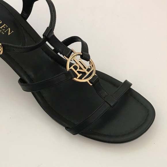 LAUREN RALPH LAUREN Elina Leather Heeled Wedge Sandals Black Women’s Size 9.5 - Picture 8 of 16